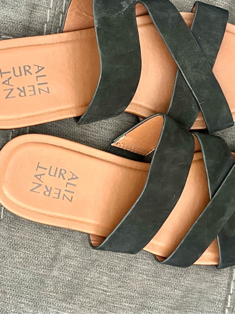 Naturalizer Black Crisscross Slide Sandals with Tan Footbed